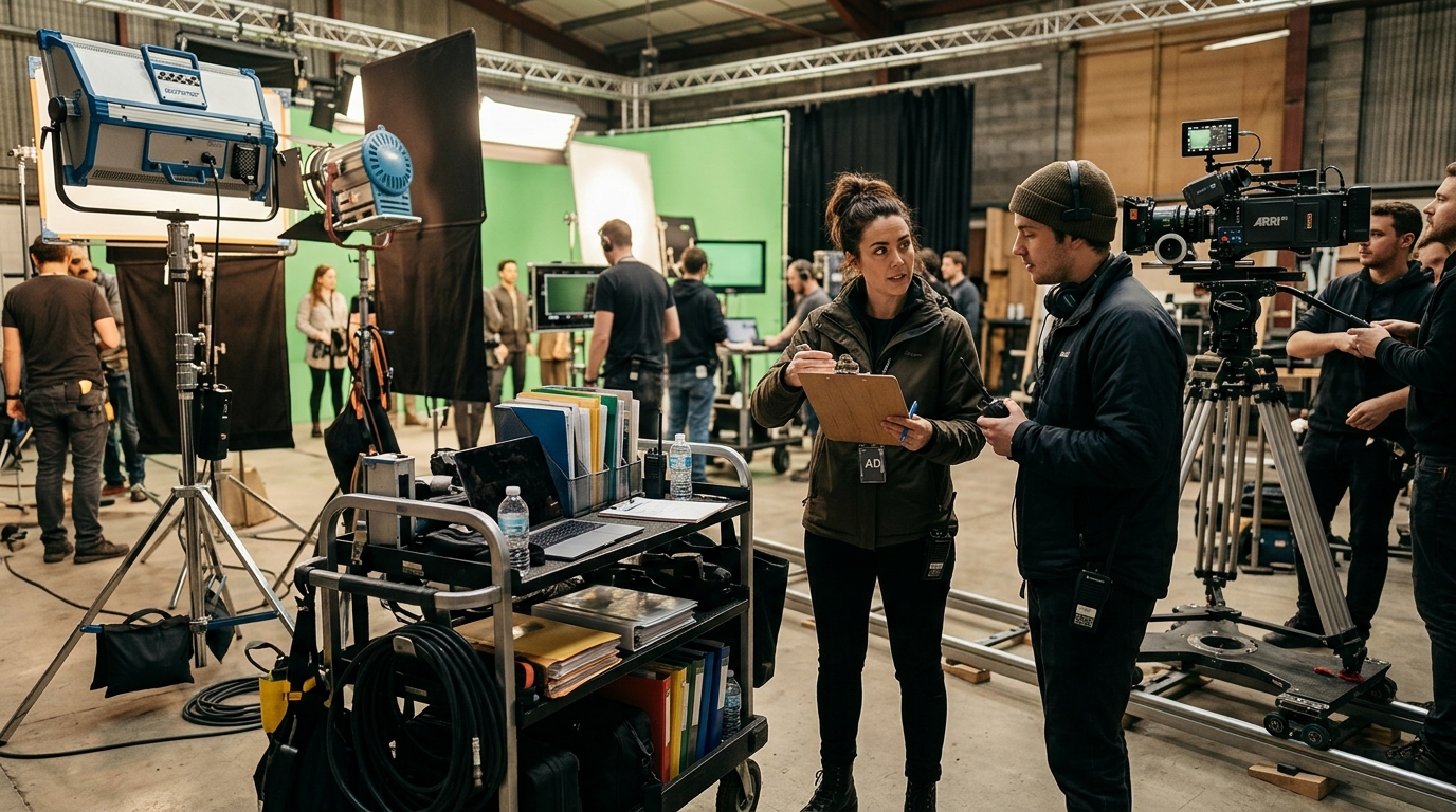 A focused 2nd assistant director with a clipboard coordinating with crew members on a movie set with camera and lighting equipment.